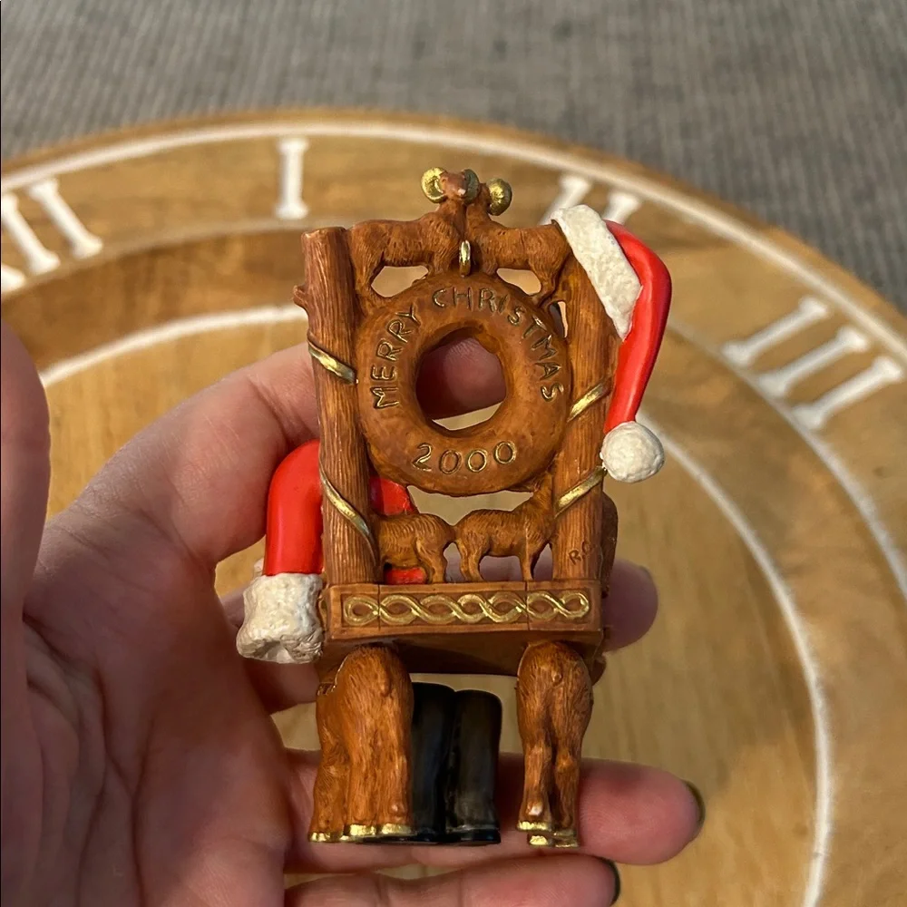 Hallmark Christmas tree ornament trio: 1991 Santa, 2000 chair, 2001 snowman